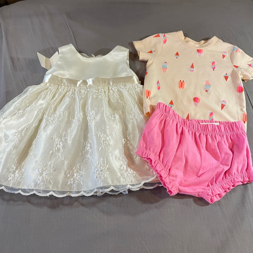 Ivory “Lace”‎ Dress and Pink Ice Cream Outfit Set, NWT, Size 12 months